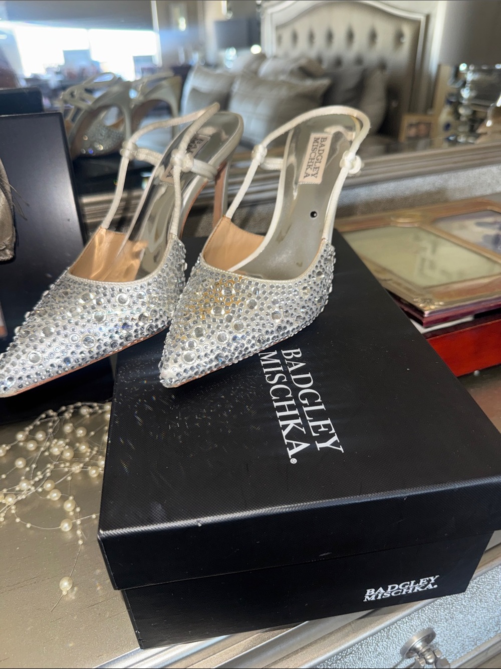 Badgley Mischka Crystal-Embellished Silver Slingback Heels